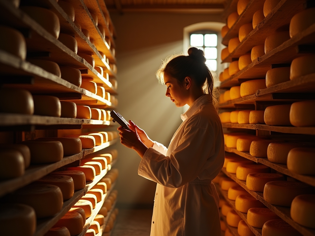 Cave d'affinage traditionnelle avec des fromages sur des planches en bois