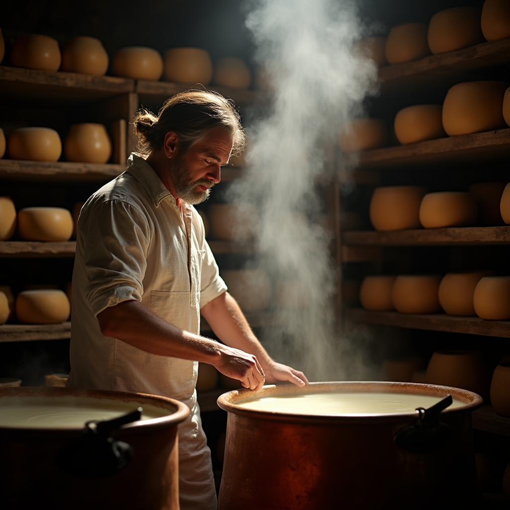 Artisan fromager traditionnel français travaillant sur la fabrication de fromages fermiers